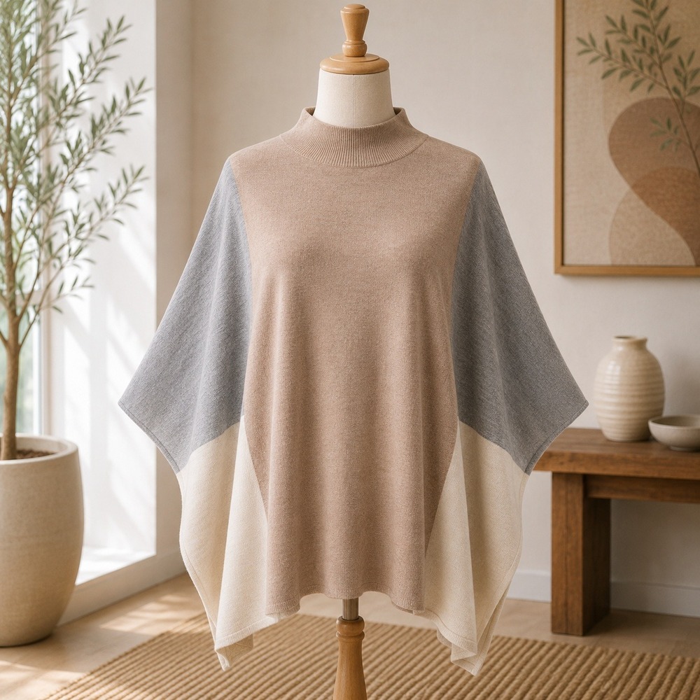 NEW Belle Kim Gravel Colorblock Poncho Sweater Womens 2X Tan Grey Mock Neck Knit